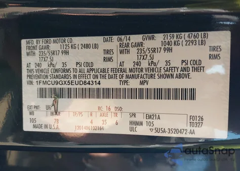 2014 Ford Escape Se из США, поврежденный, VIN 1FMCU9GX5EUD84314